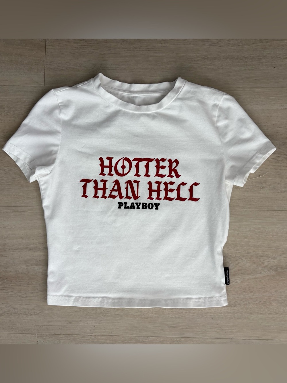 Missguided x Playboy Hotter Than Hell White‎ Cropped Baby Tee Y2K